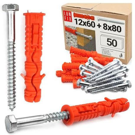 Lot de 50 chevilles 12 x 60 mm avec vis à tête hexagonale 8 x 80 mm - Chevilles à percussion et chevilles pour charges lourdes pour béton, brique, blocs creux, nylon et galvanisés, compatibles DIN 571