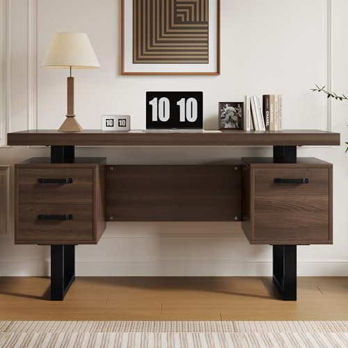Moimhear Büroschreibtisch, MDF und hochwertiges Stahlrohr, geräuschlose Schublade, Ordnerschublade, spritzwassergeschützte (Braun+Schwarz, 135x54x76cm)