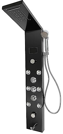 Schwarzes Duschpaneel mit Armatur, Regendusche mit LED-Temperaturanzeige, 6-in-1 Duschsystem, Duschpanel mit Handbrause für Badezimmer, Hotels, Wellnessbereiche