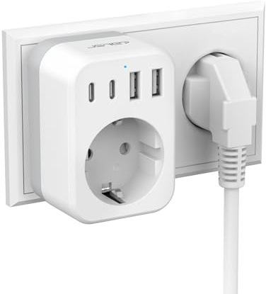 JSVER 5 en 1 Multiprise Murale avec 2 Ports USB A et 2 Ports USB C (3,4 A, 17 W), Exquis et Compact, Prise Multiple Adaptateur USB Compatible with iPad et iPhone (Blanc)