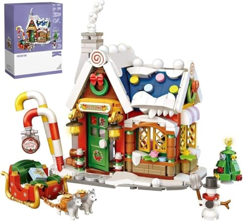 MOCSETS Weihnachtshaus Klemmbausteine Set, 788 Teilen Weihnachten Lebkuchenhaus Modell Bauset mit Weihnachtsmann, Weihnachtsbaum, Weihnachtsschlitten, Schneemann