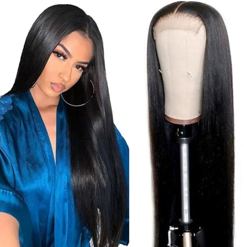 Creuost Echthaar Perücke Straight 4x4 Swiss Spitze Lace Frontal Human Hair Wig Damen Perücken Unprocessed Brazilian Virgin Hair Pre Plucked With Natural Hairline 1B Natural Black 18 Inch