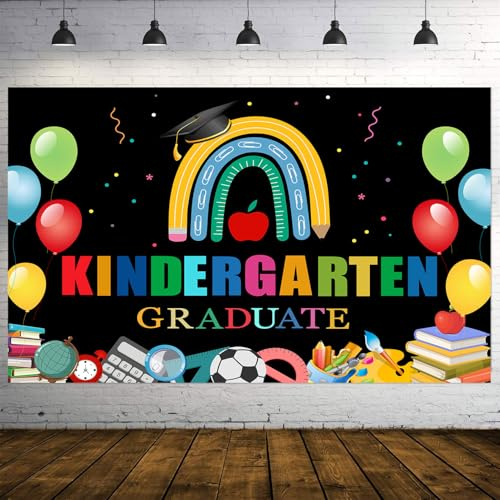 STCREE BJOKEE7 Hintergrund für Kindergarten, Abschluss, Bücher, Luftballons, Regenbogen-Fotografie, Hintergrund, Kinder, Abschlussfeier, Party, Dekorationen, Portrait, Fotoboot, 2,1 x 1,5 m
