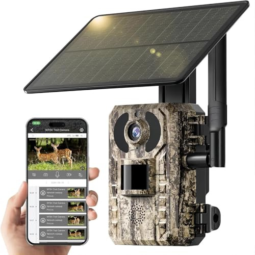 Caméra de Chasse 4G LTE Solaire avec Carte SIM, Caméra de Surveillance Extérieure sans WiFi, Batterie 10400mAh, Vision Nocturne IR Invisible 950nm, Audio Bidirectionnel, Déclenchement 0,2 s, IP66