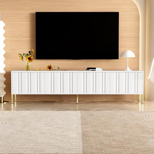 TV-Schrank Türen mit Vertikales Rillen-Design TV-Ständer Goldene Tischbeine Lowboard für Wohnzimmer Schlafzimmer Unterschrank TV Möbel Tisch Sideboard Weiß