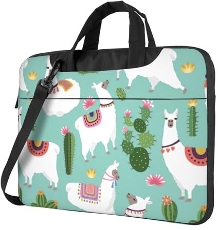 Uusnwaa Laptoptasche, klassisch, schmal, tropisches Lama, Alpaka, Kaktus, Blumendruck, mit Schultergurt und Griff, ergonomische Aktentasche und Kuriertasche, Schwarz , 14 inch