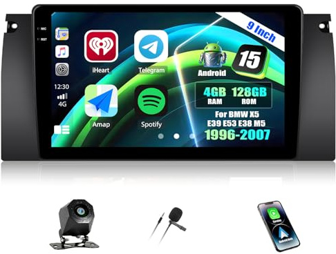 CAMECHO 4+128G Android 15 Autoradio für BMW X5 E39 E53 E38 M5 1996-2007, 9 Zoll Navi Radio Bluetooth mit GPS WiFi Wireless Carplay Android Auto RDS FM Mirror Link +Rückfahrkamera, Incell Touchscreen