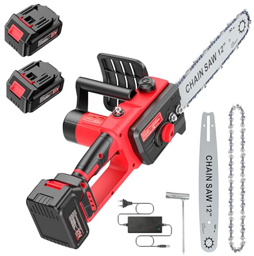 Motosega Brushless Batteria 4000mAh*2, Motosega Elettrica a Batteria 12 Pollici, Mini Motosega a Batteria, Sega Elettrica per Potatura, Oliatore Automatico, Tensione Senza Attrezzi, per Legno