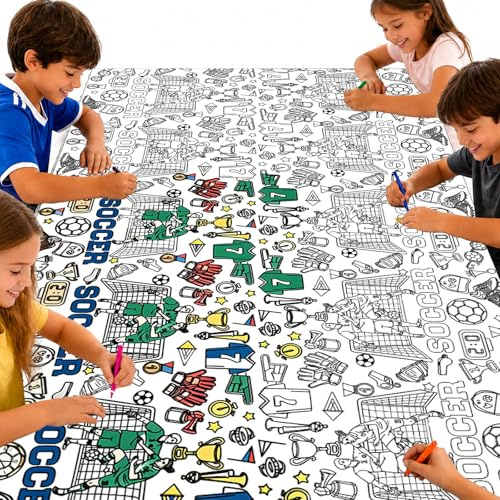 AURALIN Papiertischdecke zum Ausmalen Fußball-Motiv 137 x 274 cm 1 Stück | Tore Trikots und Pokale als weitere Malmotive für Fußballpartys Vereinsfeiern und gemeinsames kreatives Ausmalen am Tisch