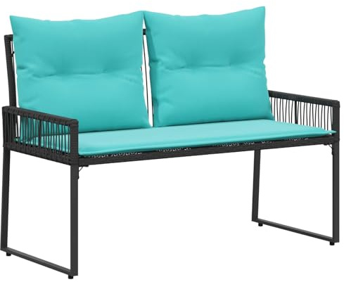 vidaXL Bank Outdoor mit Kissen 4 pcs Schwarz und Türkis Poly-Rattan, Rustikal, strapazierfähige, rechteckige Gartenbank, Bequeme Sitzgelegenheit, UV-beständige, Moderne Möbel