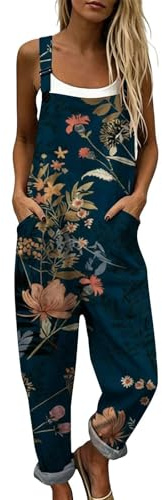 Generico Salopette Donna Estiva Lunga in Lino Elegante Tuta Intera Curvy con Stampa Boho Chic Jumpsuit Pantaloni Gamba Larga Senza Maniche Moda Baggy Cotone Taglie Forti Mare Vacanza Comoda (A15,L)