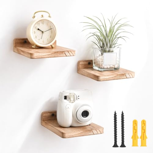 Estantería de Pared Madera, 3 baldas flotantes para Plantas y decoración | Estantería flotante de madera maciza con 3 estantes de pared de 12,8 × 14,4 × 4 cm para dormitorio, cocina y estudio