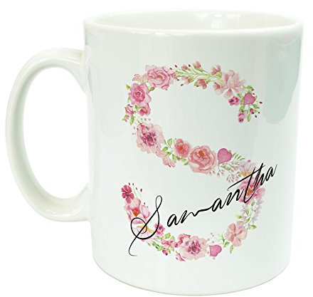 Personalised Floral Pink Initial Gift Ceramic Mug