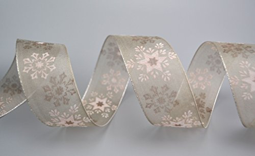 Dekoband „Wonder Snowflakes“ TAUPE/SILBER 3 m x 40 mm Geschenkband Weihnachten Chiffon Grau Schleifenband Stoffband Schneeflocken Sterne Glanzkanten mit Draht