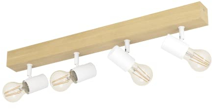 EGLO Deckenlampe Townshend 3, 4 flammiger Vintage Deckenspot im Industrial Design, Retro Lampe aus Stahl und Holz, weiß, braun, E27 Fassung