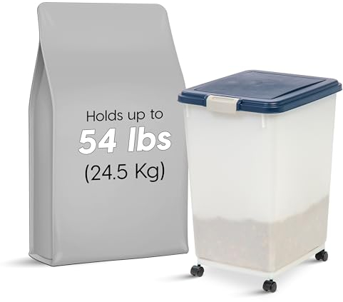 IRIS USA Airtight Pet Food Storage Container, Up to 54 lbs, Attachable Wheels, For Dog Cat Bird and Other Pet Food Storage Bin, Keep Fresh, Easy Mobility, BPA Free, Navy/Pearl