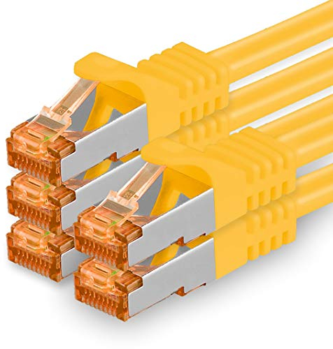 1aTTack.de 10m - Cat.7 Netzwerkkabel Gelb - 5 Stück Gigabit Ethernet LAN Kabel 10000 Mbit s Patchkabel Cat7 Kabel S FTP PIMF Schirmung LSZH Cat.7 Rohkabel Rj45 Stecker Cat 6a - 5 x 10 Meter