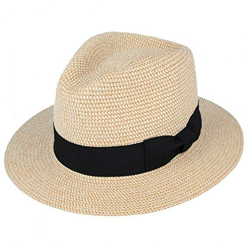 UK-UNIQUE Unisex Paper Straw Crushable Foldable Summer Panama Fedora HAT with Band and Adjustable Sweatband (XLarge 61 cm, Natural with Feather)