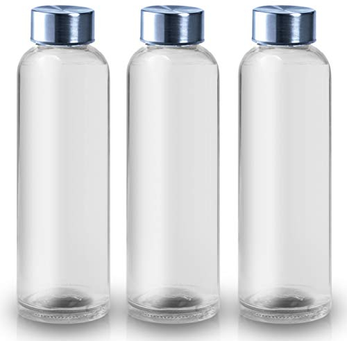 ShyaWorld Bottiglia di vetro per acqua con corpo di finitura trasparente. Tappo a vite in acciaio inox. Scatole singole per bottiglia. (trasparente, 500 ml (3 pezzi)