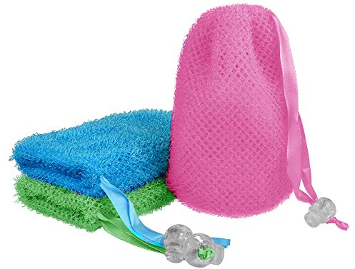 Linkidea 3 x Seifensäckchen, Peeling-Seifensparbeutel, Peeling-Schwamm, Seife, Tasche mit Kordelzug, Körperschrubber für Bad und Dusche (drei zufällige Farben)