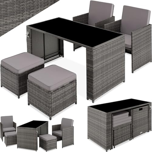 TecTake® Ensemble Salon de Jardin Exterieur 4 Places en Poly Rotin 2 Fauteuil Salon, 2 Tabouret Pouf et 1 Table de Jardin, Coussins Inclus, Mobilier de Jardin pour Amenagement Balcon Terrasse