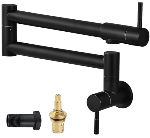 Cinwiny Pot Filler Faucet Wall Mount Matte Black Kitchen Restaurant Sink Stretchable Commercial Faucet with Folding Double Joint Swing Arm Single Hole Two Handles NPT Stainless Steel