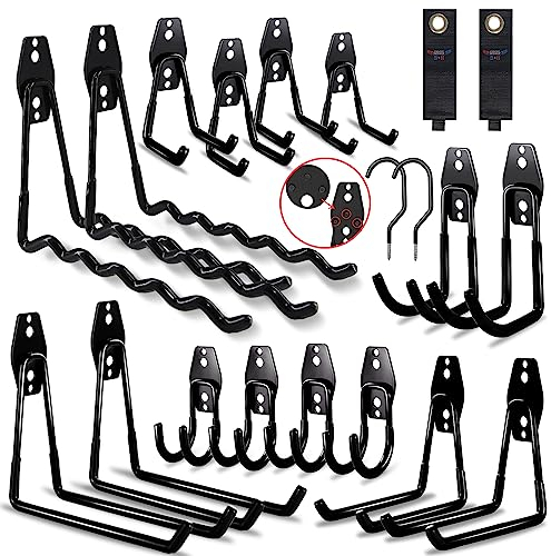 3-H Ganchos de Garaje Resistentes, Paquete de 20 Ganchos de Almacenamiento de Garaje de Acero, Soporte de Pared y Organizador de Herramientas, Cuerdas, Cables(negro)