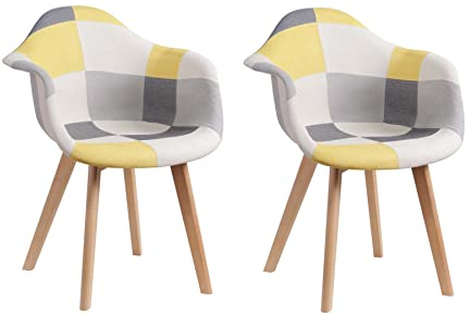 GrandCA HOME 2er-Set Esszimmerstühle mit Armlehne, Vintage-Küchenstühle, Sessel, Massivholzbeine und Patchwork-Stoffsitz, für Schlafzimmer, Wohnzimmer, Esszimmer und Küche, Gelb