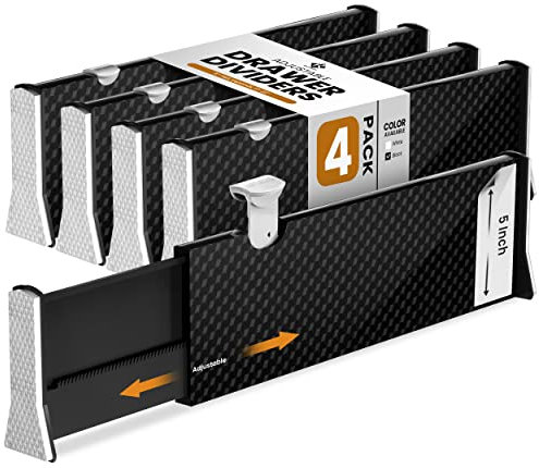 RAPTUROUS Tiefer Schubladenteiler – 12.7 cm hoch, ausziehbar von 33–55.9 cm, verstellbare hohe Trennwände für Küche, Schlafzimmer, Büro, Bad, Kleidung, 4 Stück, schwarz Deep Dray. wer trenner