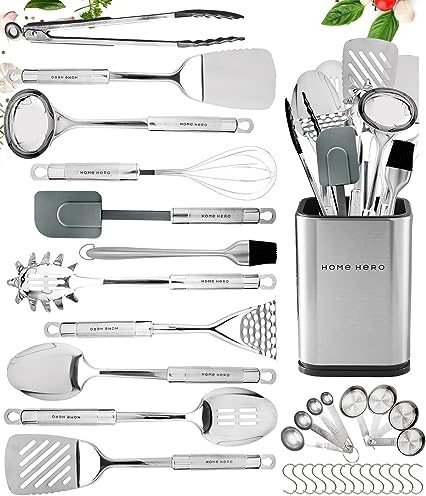 Home Hero Set Ustensiles de Cuisine Anti Adhésif Résistant (32-pcs Inox Ustensiles)