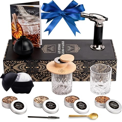 Whiskey Smoker Kit - Cocktail Smoker Kit with Torch, 2 Whiskey Glasses, 2 Ice Ball Makers, 6 Flavors Wood Chips - Old Fashioned Smokers - Bourbon Drink Smoking Set - Whiskey Accessories Gifts for Men