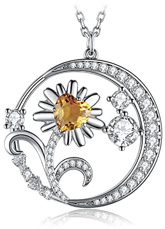 JewelryPalace Sonnenblume Mond Herzschliff Echt Citrin Kette Anhänger, Daisy Gelb Blume Schmuck Set, Garten Halsketten Damen Silber 925 Collier Edelstein Mädchen, Ketten Gänseblümchen für Frauen 45CM