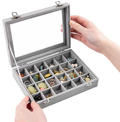 Caja Joyero, Bandeja Joyas Terciopelo Gris Expositor de Joyas Apilable Secciones Ajustables para Collares, Brazaletes, Pendientes y Relojes