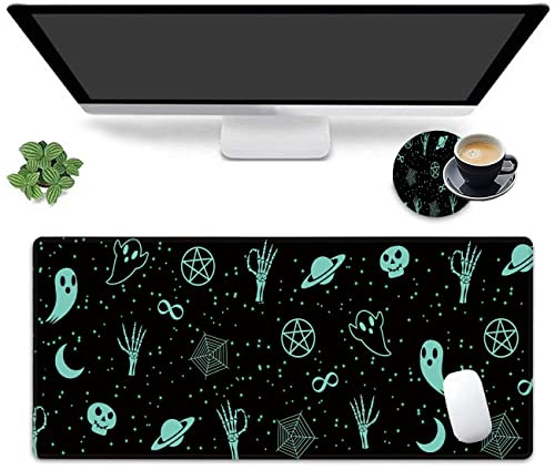 Großes Mauspad mit genähtem Rand, rutschfeste Gummiunterseite für Laptop, PC, Büro, Arbeit, Gaming, Schreibtischunterlage, Laptop, Bürobecher, Untersetzer, Totenkopf, Mond, Gothic