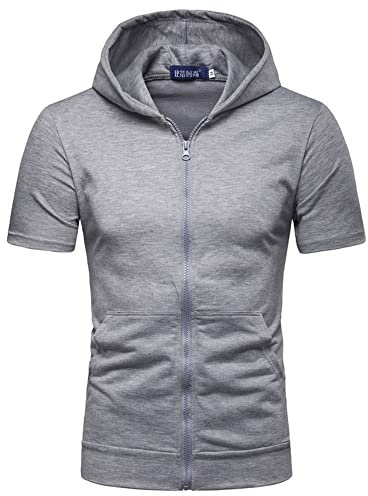 Hoodie Manches Courtes Homme Slim Fit Hoodie Manches Courtes Homme Couleur Pure T-Shirt avec Capuche Homme Fermeture Éclair Chemise Sport Homme avec Capuche A-Light Grey S