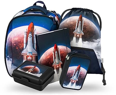 Baagl Schulranzen Jungen Set 5 Teilig, Shelly Hartschalen Schultasche ab 1. Klasse, Ergonomische Grundschule Ranzen mit Brustgurt (Space Shuttle)