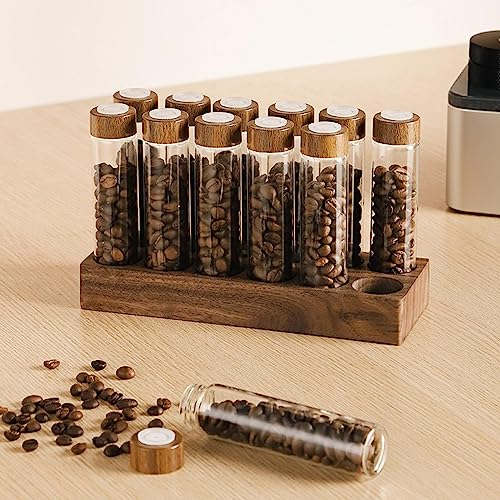 perfk 12 Stück Einzeldosis Kaffeebohnen Behälter mit Holzständer, Kaffeevorratsdosen mit Deckel,Kaffeedose Aufbewahrung, Luftdicht Verschlossene Glaskanister für Kaffeebohnen, Kakao,#A