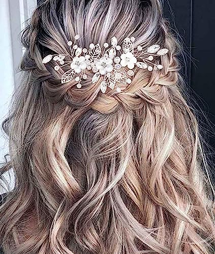 Brateuanoii Silberfarbener Blumen Hochzeits Haarkamm, Silber Kristall B-raut Kopfsch-muck, Strass B-raut Haarschmuck, Blume Blatt Kopfsch-muck, B-raut Stirnband Kopfsch-muck Für Frauen Und Mädchen