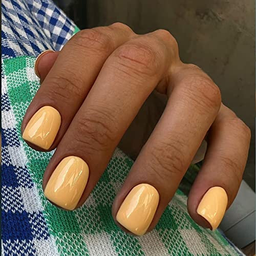 JUSTOTRY 24 Pcs Yellow Solid Short False Nails Square Pattern,Glossy Press on Nails Short, Fake Nails Medium,Squoval Stick on Nails for Women and Teens Nails Art