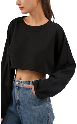 Amazhiyu Womens Cropped Hoodie, Long Sleeve Pullover Crop Tops Crewneck Oversize Hoodie Sweatshirt Black L