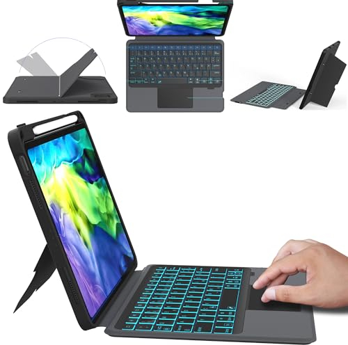 ROOFEI iPad Air 11 (M3/M2, 2025/2024)/Air 5 /Air 4/Pro 11 (4/3/2/1 Gen) Hülle mit Tastatur : Abnehmbare Touchpad Tastatur mit 7 Farbige Beleuchtung - QWERTZ Layout