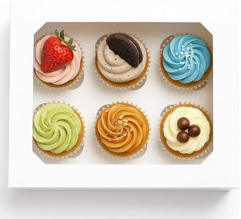 PACKARDI Pack of 10 White Cupcake Boxes 6 Hole with Window Including Stickers – Unique Cup cake Box with Auto Popup Perfect for Party Muffins, Cupcakes, Small Cakes & Cookies