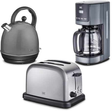 KHG Retro Frühstücksset | Toaster 2 Scheiben, 7 Bräunungsstufen 850W | Wasserkocher 1,7 Liter mit Abschaltautomatik 2200W | Kaffeemaschine 1,5 Liter Glaskanne 1000W | 3-teilig Anthrazit