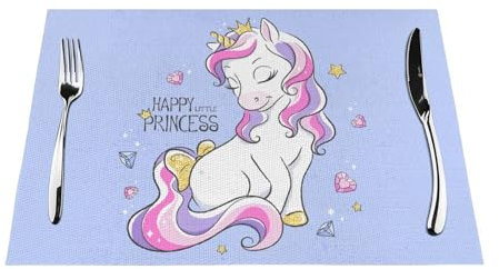 NIBABAEU Gewebte Tischsets 1–6 Sets, Happy Unicorn Princess, geeignet für Küche, Esstisch, Wärmeisolierung, 30 x 45 cm, 4 Stück