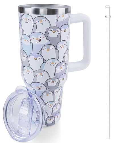 Lumumanber 40 oz Penguin Tumbler with Handle and Straw, Travel Mug Water Bottle, Stainless Steel Insulated Cup with Lid and Straw, Birthday Christmas Gifts