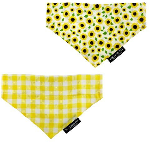 Ancol Sunflower Dog Bandana Yellow Check Patterned - Adorable Puppy Scarf Tie Neckerchief - Cute Fun Party Pet Collar Accessory - Pack of 2