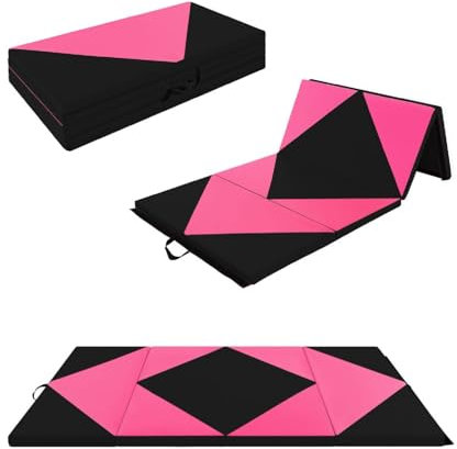 SPOTRAVEL 4-Fold 8FT x 4FT Folding Gymnastics Mat, 5cm Thick Foam PU Leather Tumbling Mats with Carry Handles, Hook & Loop Fasteners, Exercise Aerobics Mat for Yoga, Home & Gym (Black + Pink)