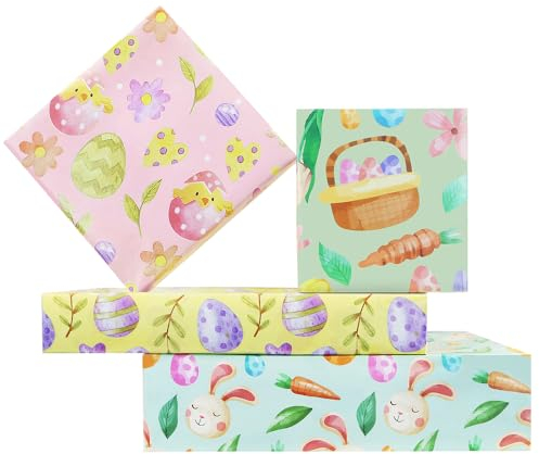 Ostern Geschenkpapier,Aquarell Frühling Wrapping Paper 4 Blätter 4 Designs,Bunny Eier Küken Karotte Blume Verpackungspapier für Ostern Frühling Urlaub Geburtstag Hochzeit Baby Kinder Dusche