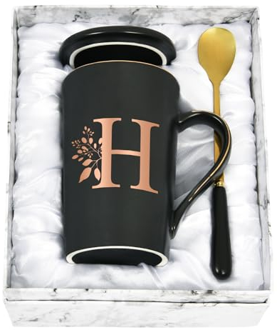 Joymaking Personalisierte Tasse mit Buchstaben Kaffeetasse mit Blumen Motiv, Namen Initiale persönliche Geschenke Kaffeetasse für Frauen Freundin, H - 400ml Schwarz