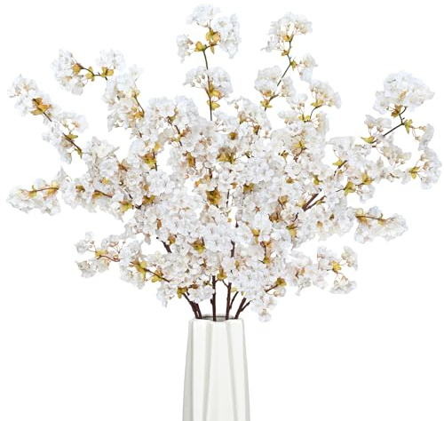 Sunm Boutique Silk Cherry Blossom Branches, Artificial Cherry Blossom Tree Stems Faux Cherry Flowers Vase Arrangements for Wedding Home Decor, Set of 5